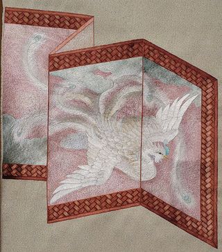 016A趣味の帯【明綴両面刺繍】表面_鳳凰屏風絵