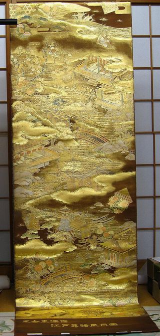 0015b丸帯本金本漆箔　江戸蒔絵風月図紋